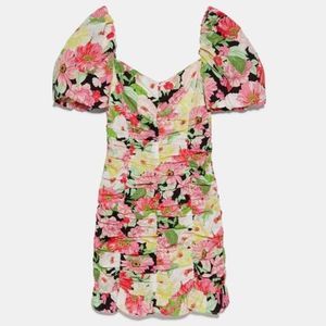Zara Floral Ruched Puff Sleeve Dress